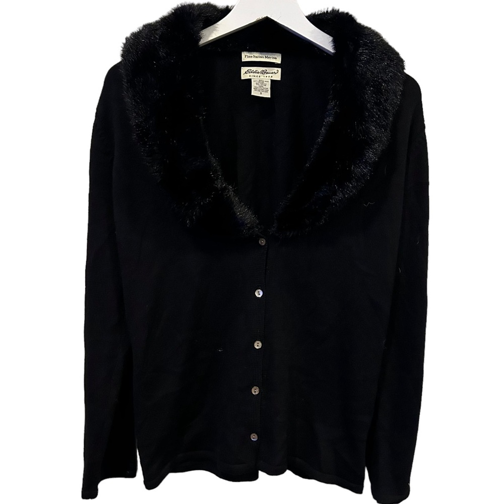 Eddie Bauer vintage Italian Merino Wool Cardigan Sweater Faux Fur Women’s S 90s